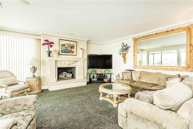 living room with carpet, crown molding, and a premium fireplace