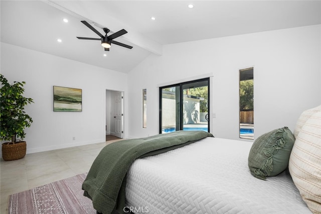 bedroom with ceiling fan, access to exterior, and lofted ceiling with beams