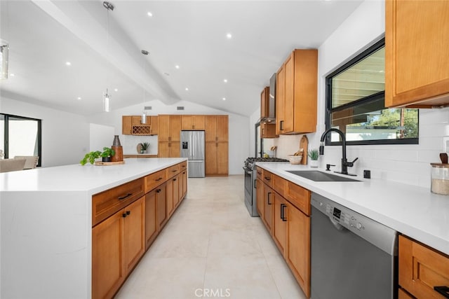 kitchen with appliances with stainless steel finishes, decorative backsplash, vaulted ceiling with beams, and sink