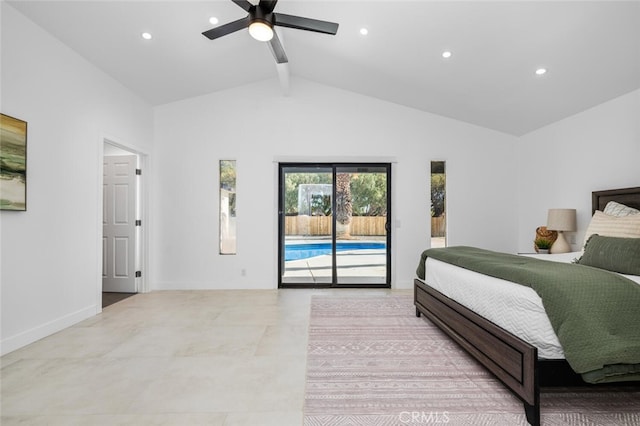 bedroom with ceiling fan, high vaulted ceiling, access to outside, and beamed ceiling