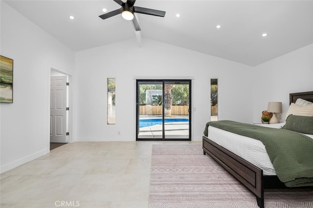 bedroom featuring recessed lighting, ceiling fan, lofted ceiling with beams, and access to outside