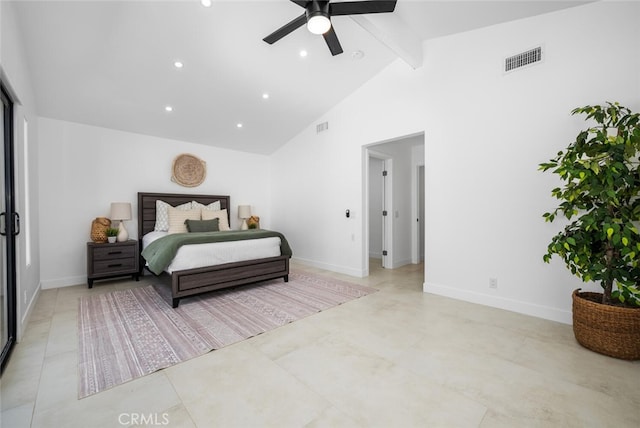 bedroom featuring ceiling fan, beamed ceiling, and high vaulted ceiling