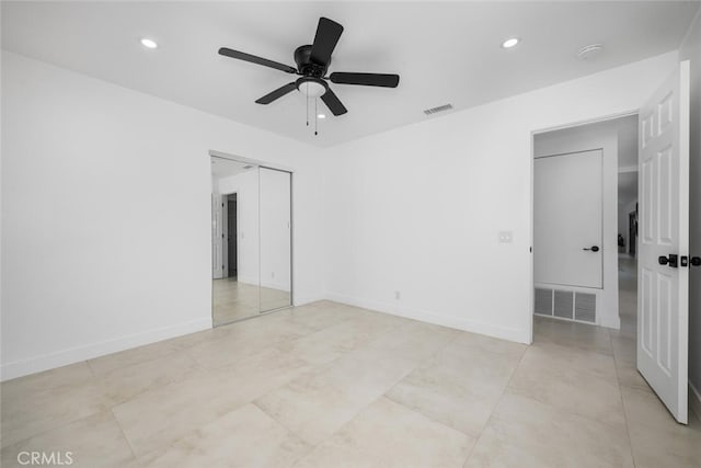 unfurnished bedroom featuring recessed lighting, a closet, visible vents, and ceiling fan
