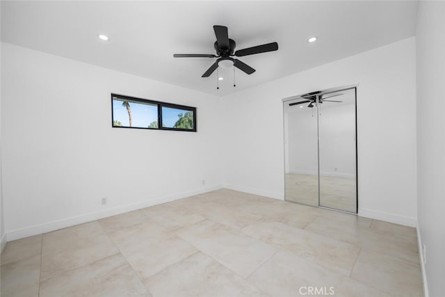 unfurnished room featuring baseboards, recessed lighting, ceiling fan, and light tile patterned flooring