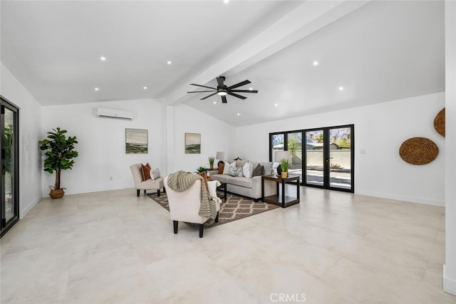 living room with high vaulted ceiling, a ceiling fan, beam ceiling, and a wall mounted AC