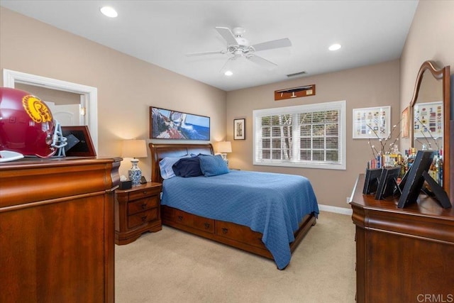 carpeted bedroom featuring ceiling fan