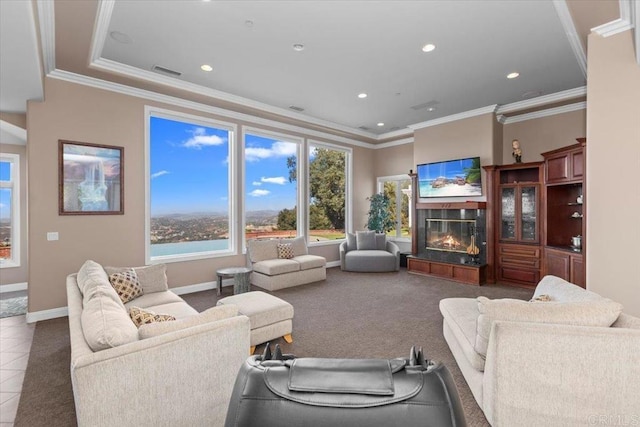 tiled living room featuring ornamental molding