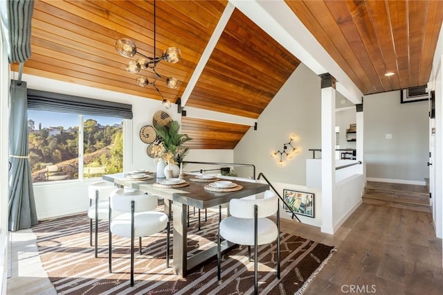 dining room with hardwood / wood-style floors, wooden ceiling, lofted ceiling, and a notable chandelier