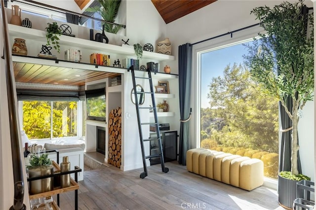 entryway featuring plenty of natural light, wood ceiling, vaulted ceiling, and light hardwood / wood-style flooring