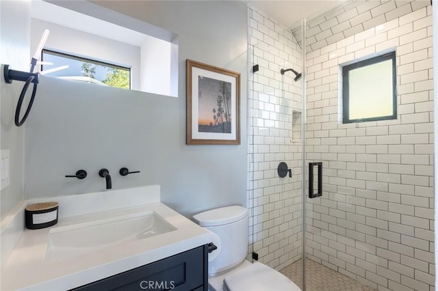 bathroom featuring vanity, an enclosed shower, and toilet