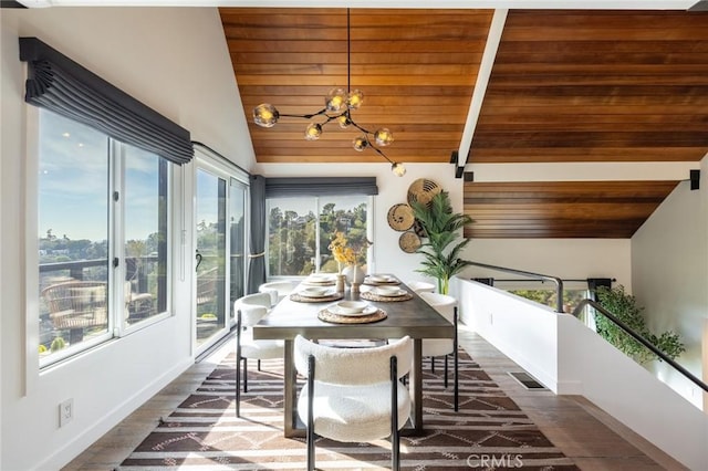 sunroom / solarium with vaulted ceiling with beams, plenty of natural light, wood ceiling, and an inviting chandelier