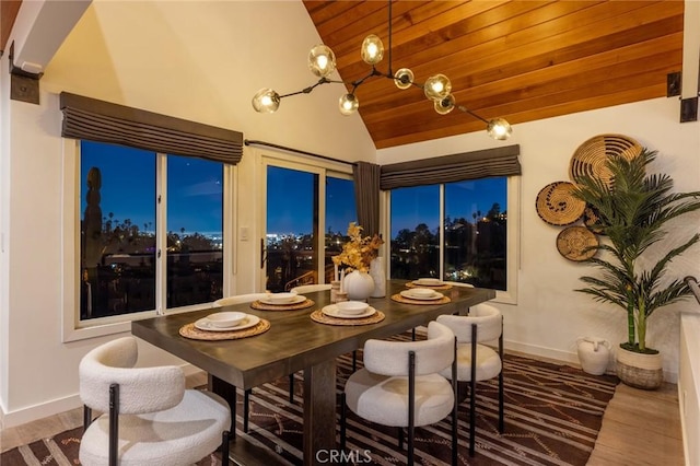 dining space featuring wood ceiling, lofted ceiling, and wood-type flooring