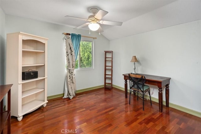 home office featuring ceiling fan, dark hardwood / wood-style floors, and lofted ceiling