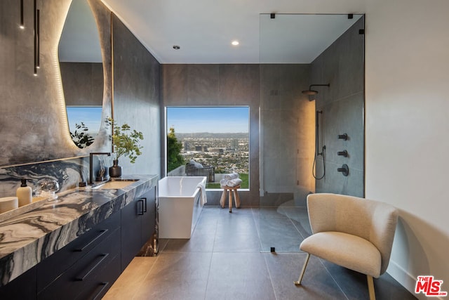 bathroom with vanity and independent shower and bath