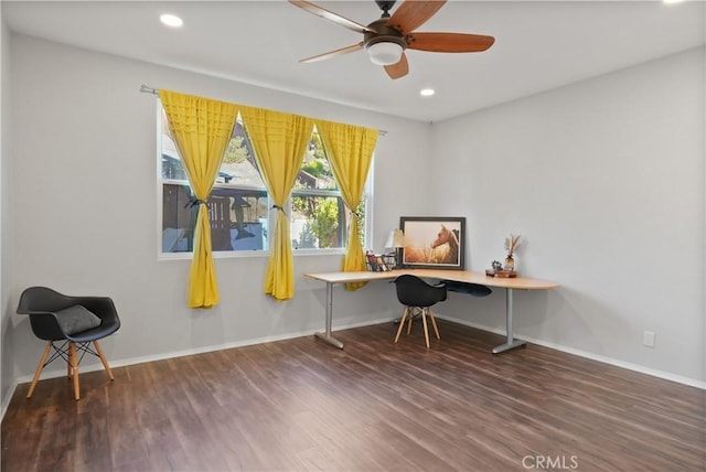 office featuring wood-type flooring and ceiling fan