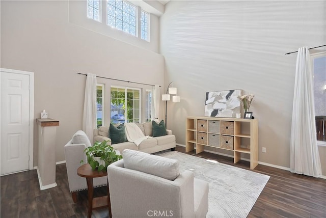 living room featuring dark hardwood / wood-style flooring and a high ceiling