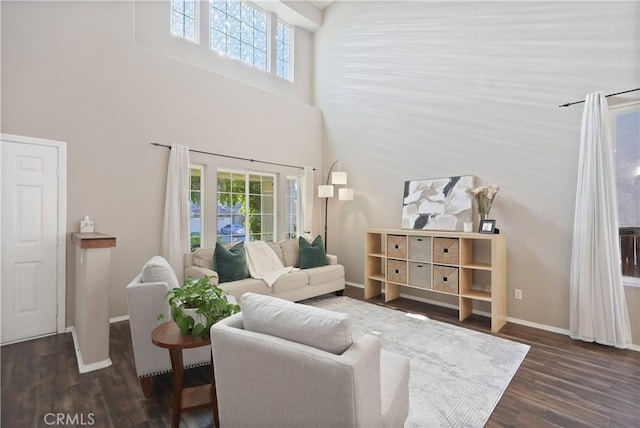 living room with a towering ceiling and dark hardwood / wood-style flooring