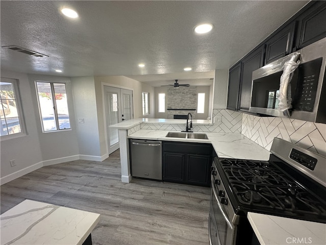 kitchen featuring kitchen peninsula, appliances with stainless steel finishes, backsplash, light wood-type flooring, and sink