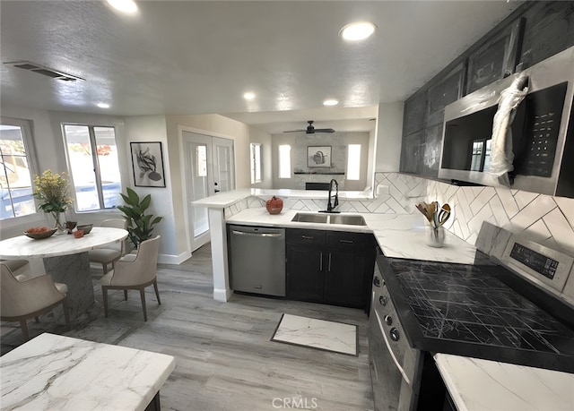 kitchen featuring sink, decorative backsplash, light hardwood / wood-style floors, kitchen peninsula, and stainless steel appliances