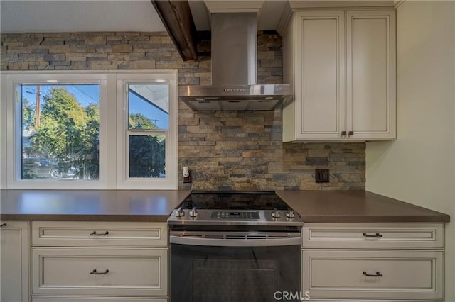 kitchen with backsplash, stainless steel electric stove, and wall chimney exhaust hood