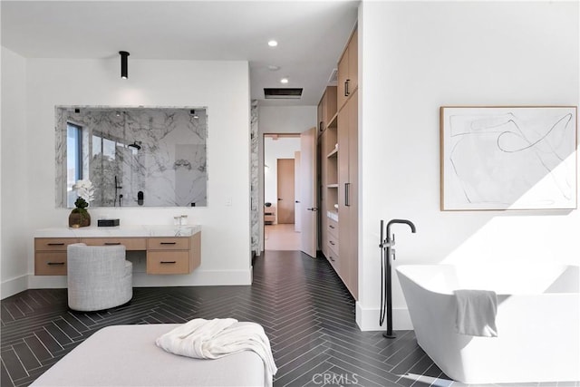 bathroom with vanity, parquet flooring, and shower with separate bathtub