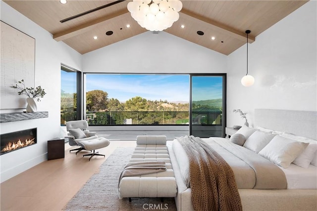 bedroom featuring hardwood / wood-style flooring, beam ceiling, wood ceiling, and high vaulted ceiling