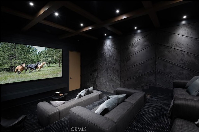 home theater with beam ceiling and coffered ceiling