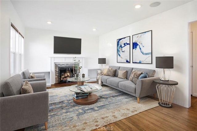 living room featuring wood-type flooring and a fireplace