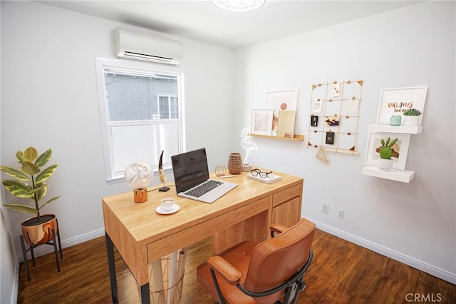 home office featuring dark hardwood / wood-style flooring and a wall unit AC