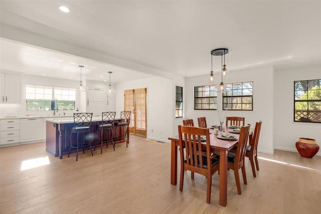 dining space featuring a healthy amount of sunlight, sink, and light hardwood / wood-style floors