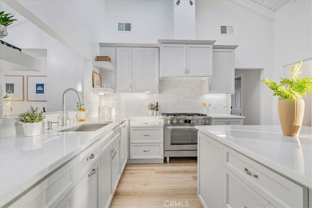 kitchen with backsplash, light hardwood / wood-style floors, high end stove, sink, and white cabinetry