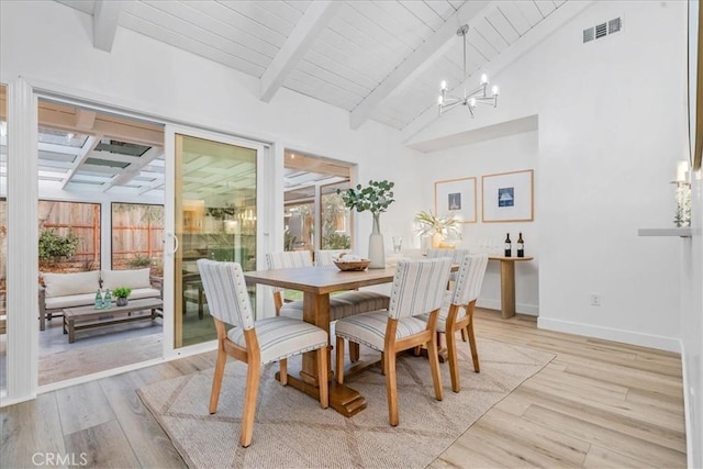 dining area featuring wooden ceiling, vaulted ceiling with beams, a chandelier, and light wood-type flooring