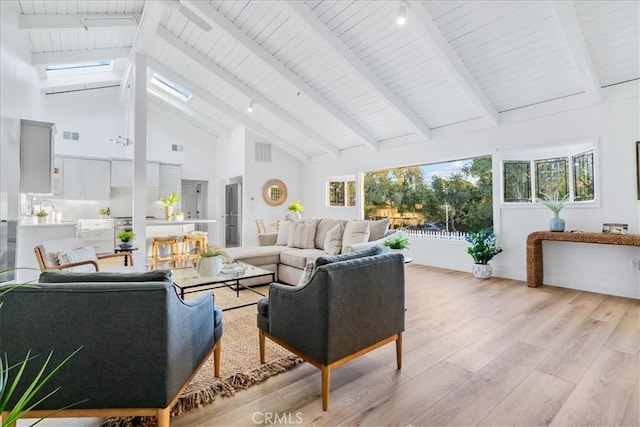 living room featuring light wood-type flooring, beam ceiling, and high vaulted ceiling