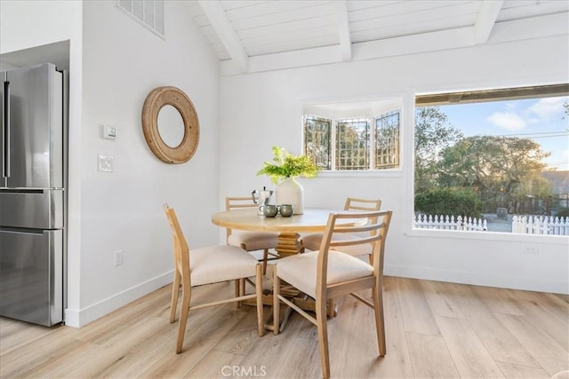 dining space with light hardwood / wood-style floors, lofted ceiling with beams, and wood ceiling