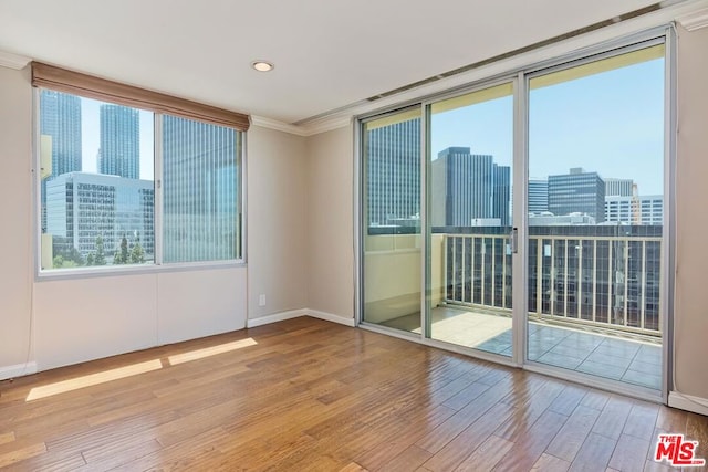 empty room featuring light hardwood / wood-style flooring and crown molding