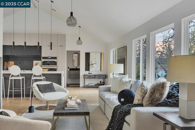 living room featuring vaulted ceiling, a wealth of natural light, and light hardwood / wood-style flooring