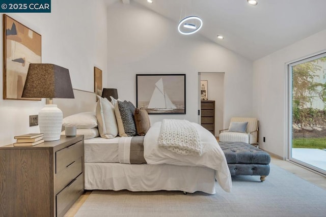 bedroom with access to outside and vaulted ceiling