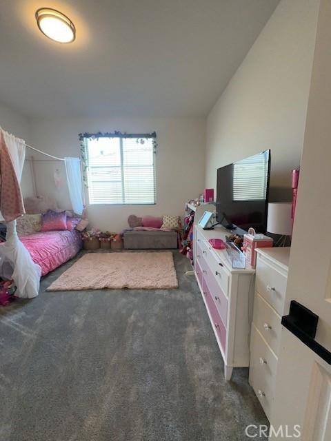 bedroom with dark colored carpet