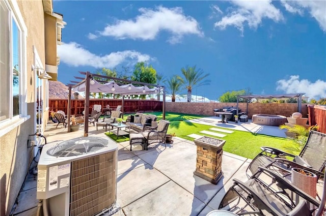 view of patio featuring an outdoor living space, a pergola, a hot tub, and central AC unit