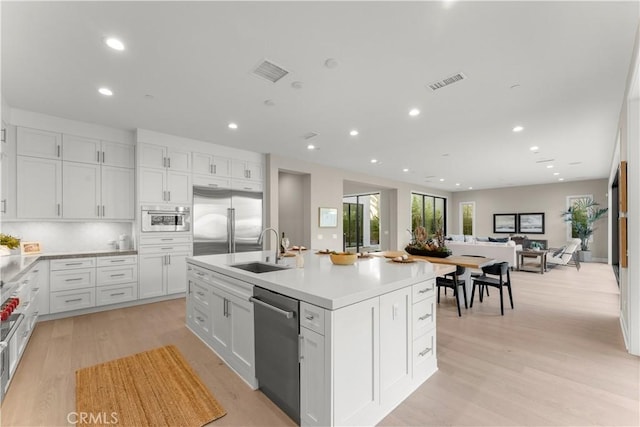 kitchen with sink, white cabinets, stainless steel appliances, and a center island with sink