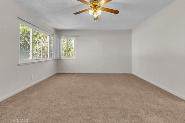 carpeted empty room featuring ceiling fan and a textured ceiling