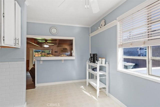 interior space featuring ceiling fan and ornamental molding