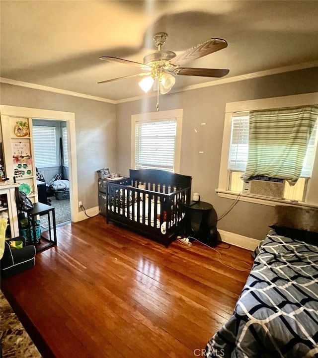 174 E Navilla Pl, Covina, CA 91723 - bedroom featuring wood-type flooring, crown molding, cooling unit, and a ceiling fan
