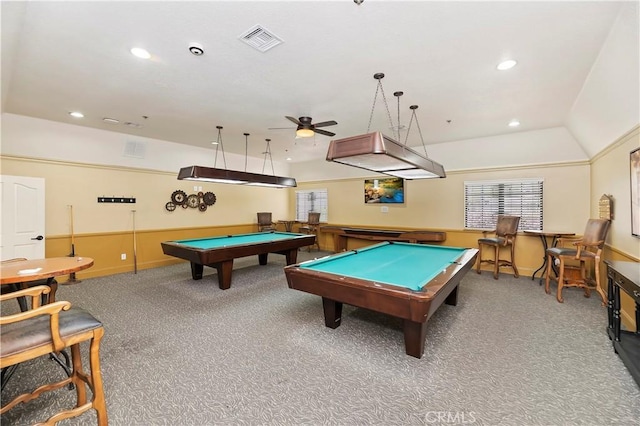 playroom with ceiling fan, carpet floors, billiards, and lofted ceiling