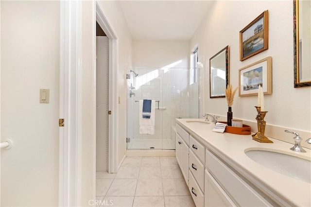 bathroom featuring tile patterned flooring, vanity, and an enclosed shower