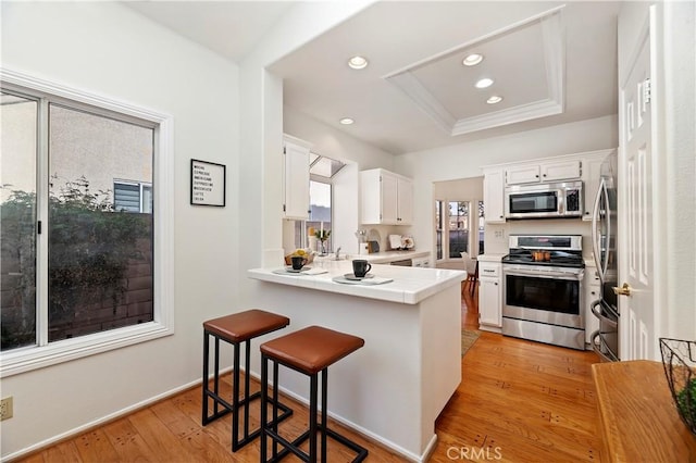 kitchen with white cabinetry, stainless steel appliances, and light hardwood / wood-style floors