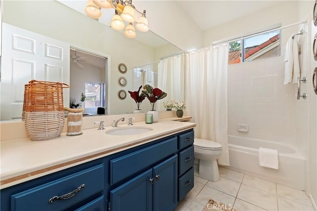 full bathroom with tile patterned floors, vanity, shower / bath combination with curtain, and toilet