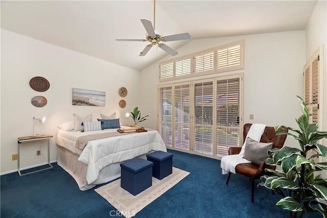 bedroom featuring high vaulted ceiling, access to outside, dark carpet, and ceiling fan