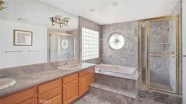 bathroom with plus walk in shower, vanity, and a notable chandelier