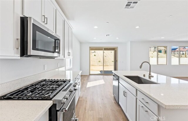 kitchen featuring appliances with stainless steel finishes, a sink, visible vents, and white cabinets